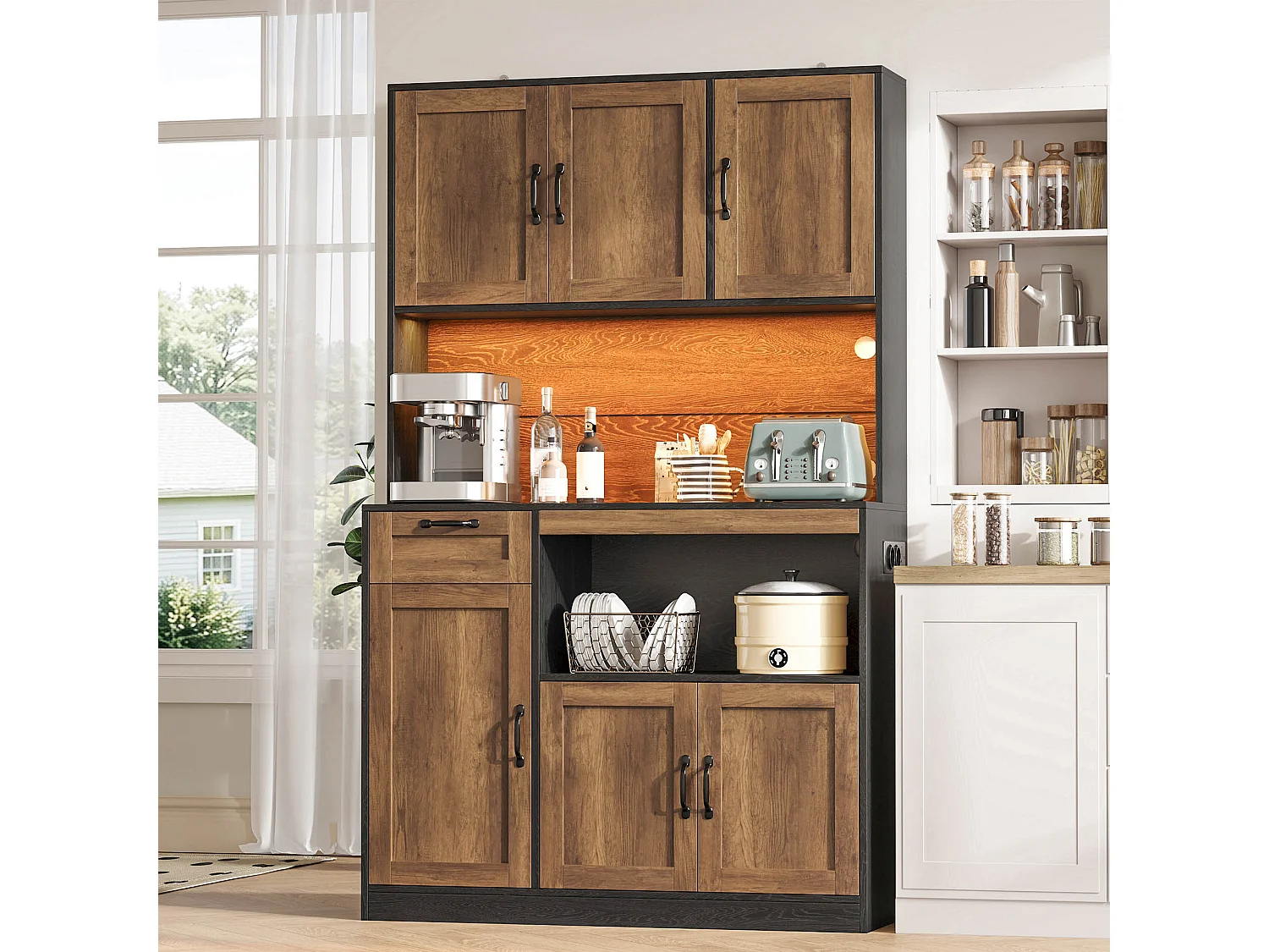 Küchen-Sideboard mit 1 Schublade, 6 Türen, RGB-LED-Beleuchtung, Steckdosen und USB-Anschlüssen – MDF – 110 x 40 x 180 cm – Natur + Schwarz