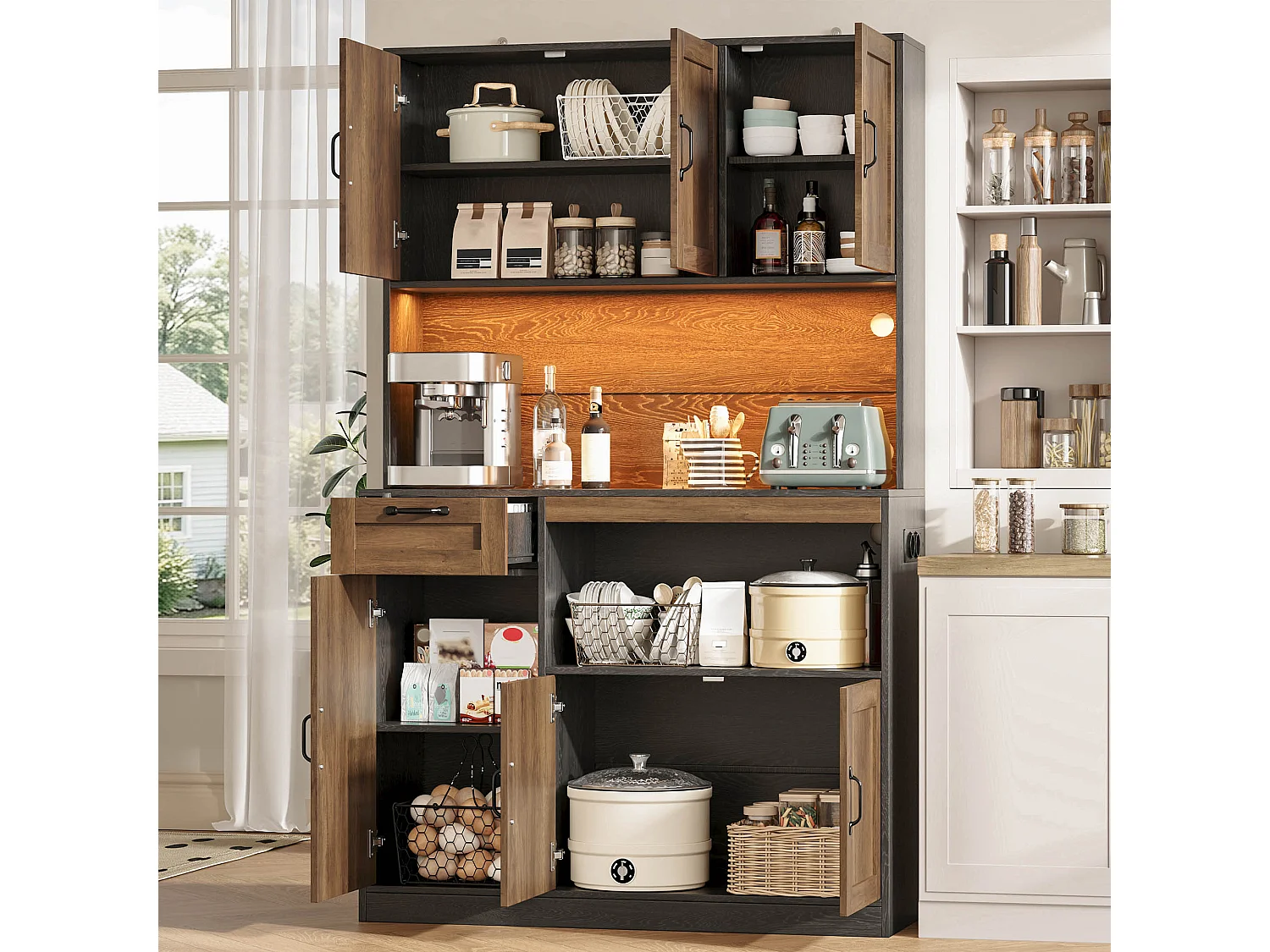 Küchen-Sideboard mit 1 Schublade, 6 Türen, RGB-LED-Beleuchtung, Steckdosen und USB-Anschlüssen – MDF – 110 x 40 x 180 cm – Natur + Schwarz