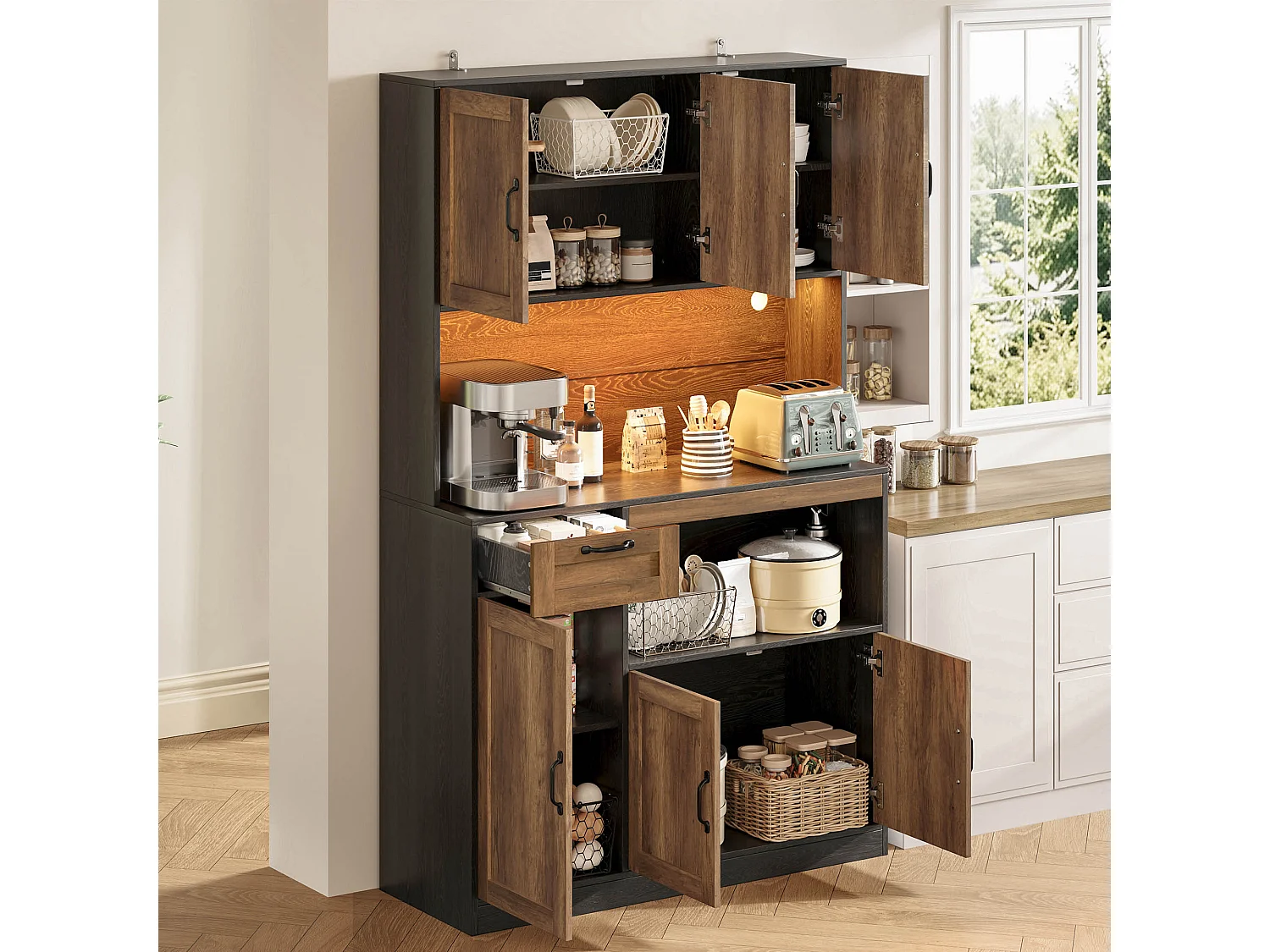 Küchen-Sideboard mit 1 Schublade, 6 Türen, RGB-LED-Beleuchtung, Steckdosen und USB-Anschlüssen – MDF – 110 x 40 x 180 cm – Natur + Schwarz