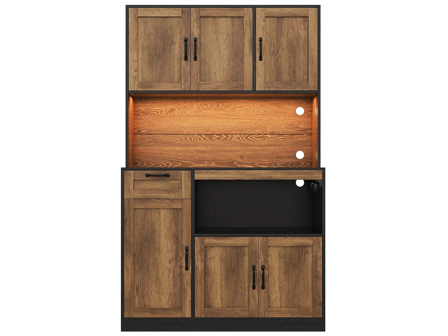 Küchen-Sideboard mit 1 Schublade, 6 Türen, RGB-LED-Beleuchtung, Steckdosen und USB-Anschlüssen – MDF – 110 x 40 x 180 cm – Natur + Schwarz