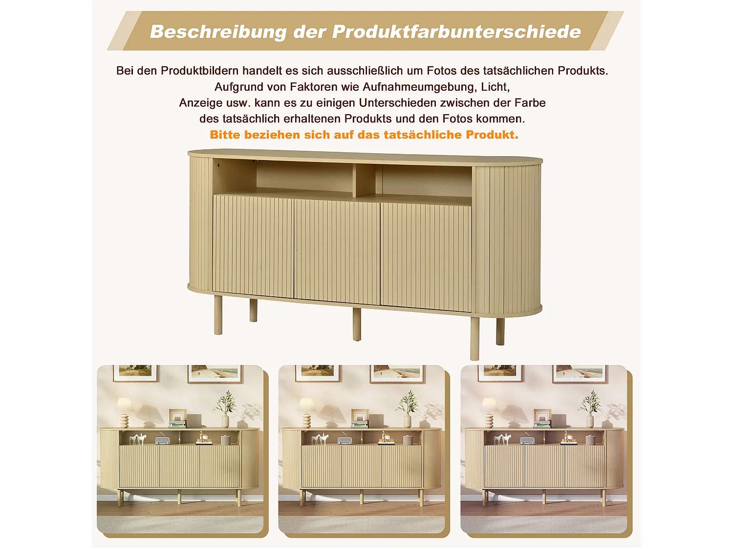 Sideboard with 3 grooved doors, 5 compartments and solid wood legs - Particleboard - 160 x 40 x 78.5 cm - Natural