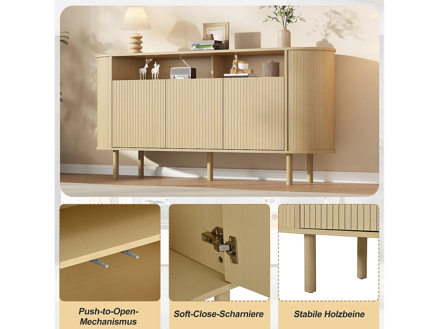Sideboard with 3 grooved doors, 5 compartments and solid wood legs - Particleboard - 160 x 40 x 78.5 cm - Natural