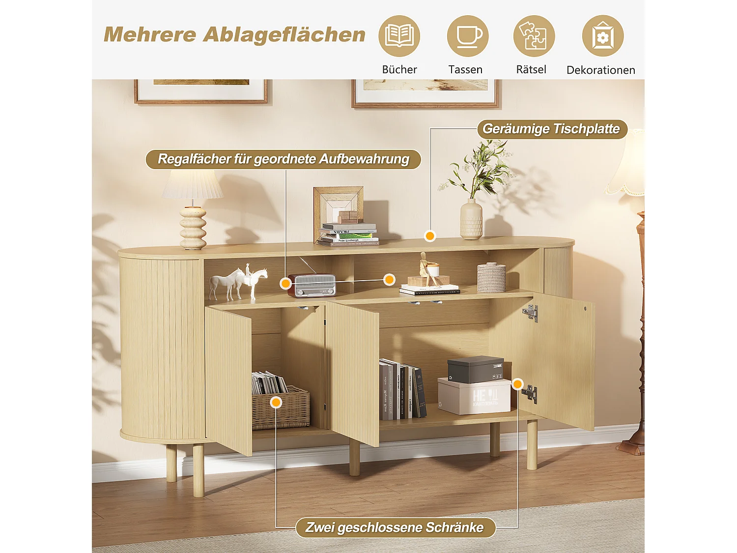 Sideboard with 3 grooved doors, 5 compartments and solid wood legs - Particleboard - 160 x 40 x 78.5 cm - Natural