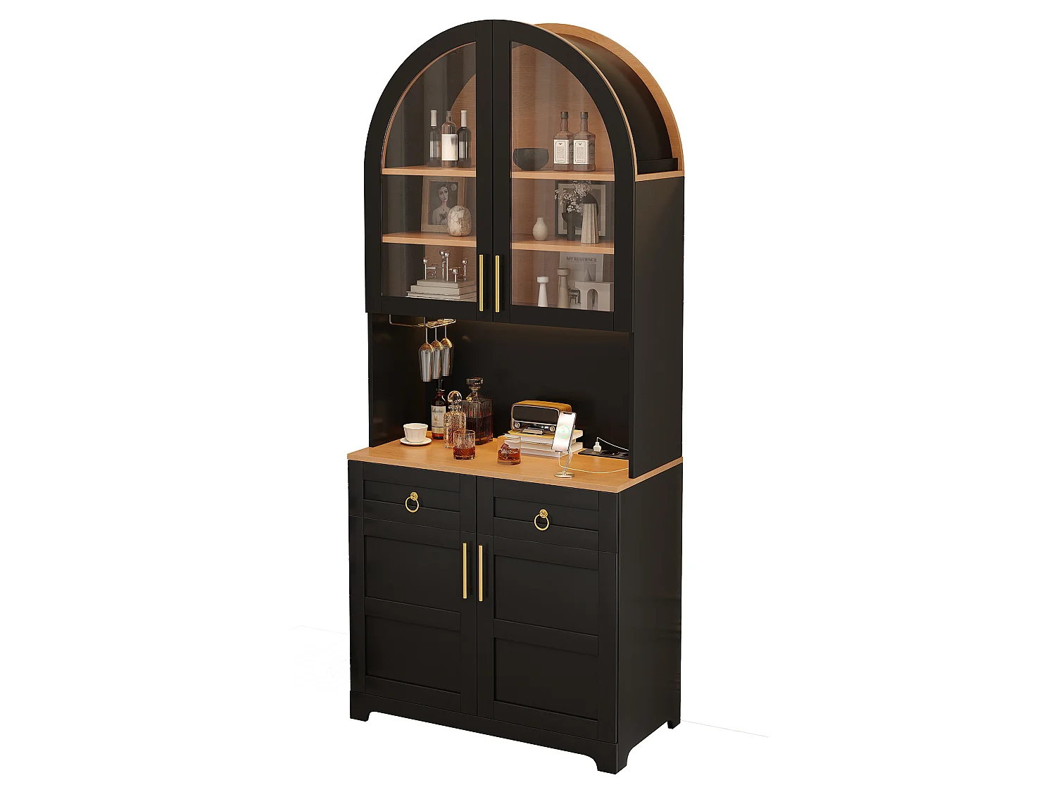 Sideboard mit 4 Türen, Arbeitsplatte, LED-Beleuchtung, Steckdosen und USB-Anschlüssen, 2 Schubladen – MDF und Spanplatte – 80 x 40 x 180 cm – Schwarz