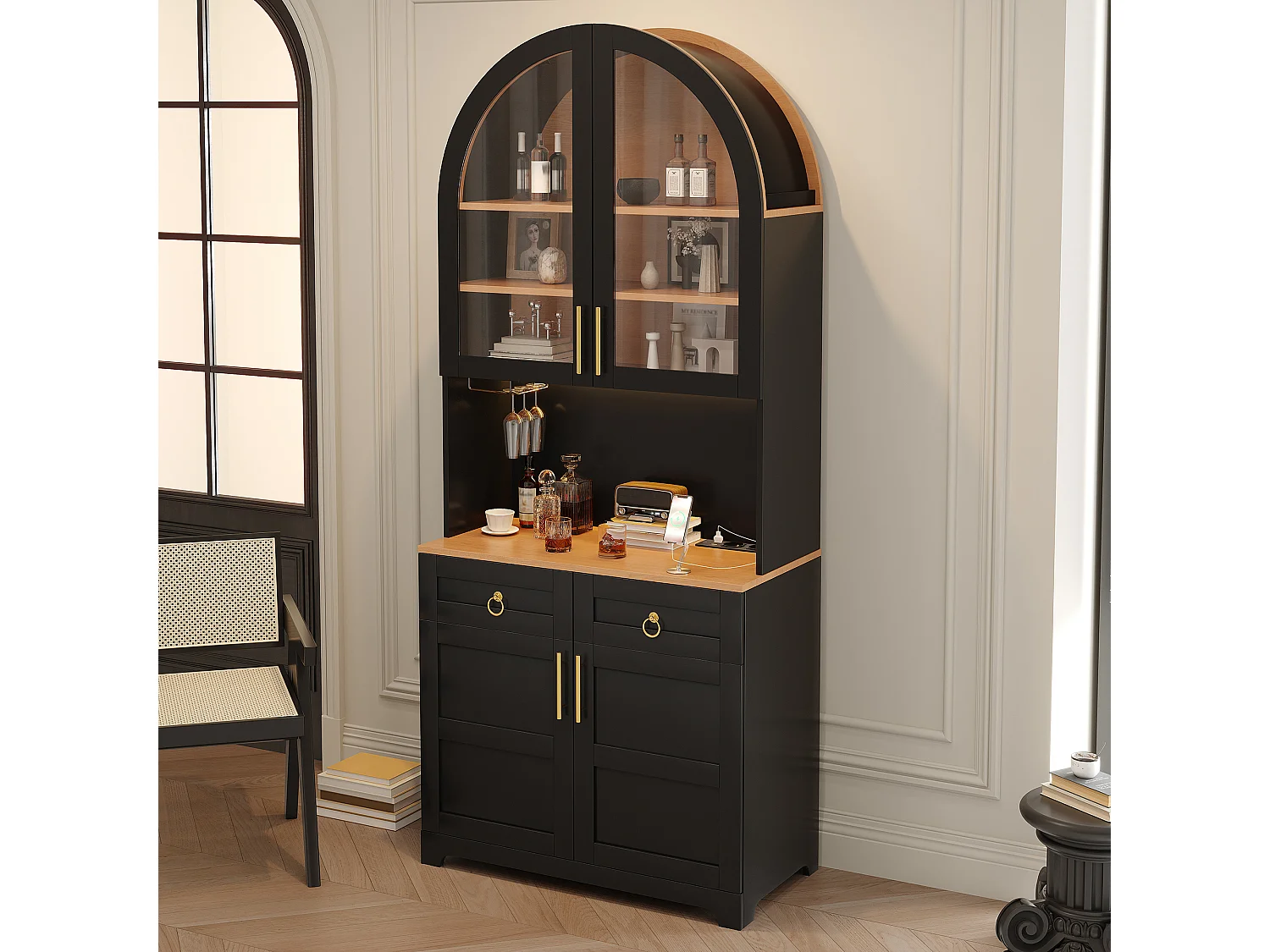 Sideboard mit 4 Türen, Arbeitsplatte, LED-Beleuchtung, Steckdosen und USB-Anschlüssen, 2 Schubladen – MDF und Spanplatte – 80 x 40 x 180 cm – Schwarz