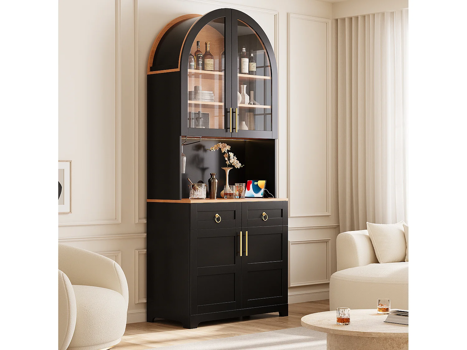 Sideboard mit 4 Türen, Arbeitsplatte, LED-Beleuchtung, Steckdosen und USB-Anschlüssen, 2 Schubladen – MDF und Spanplatte – 80 x 40 x 180 cm – Schwarz