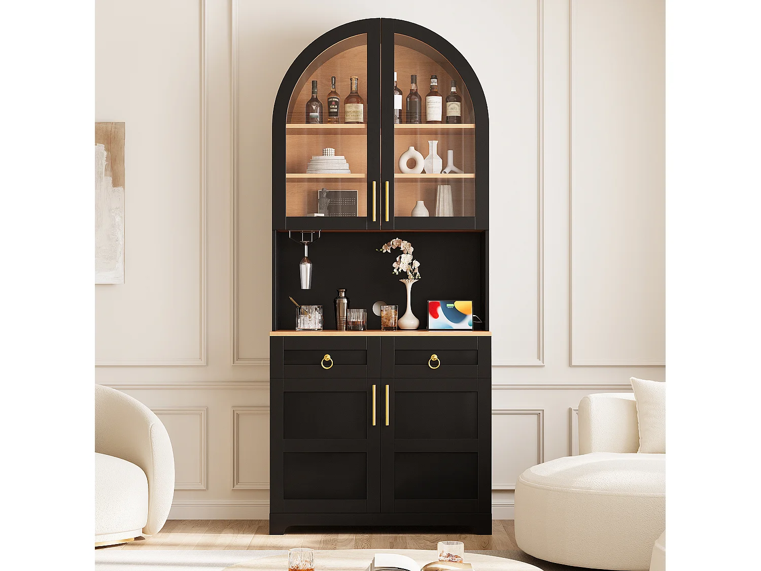 Sideboard mit 4 Türen, Arbeitsplatte, LED-Beleuchtung, Steckdosen und USB-Anschlüssen, 2 Schubladen – MDF und Spanplatte – 80 x 40 x 180 cm – Schwarz
