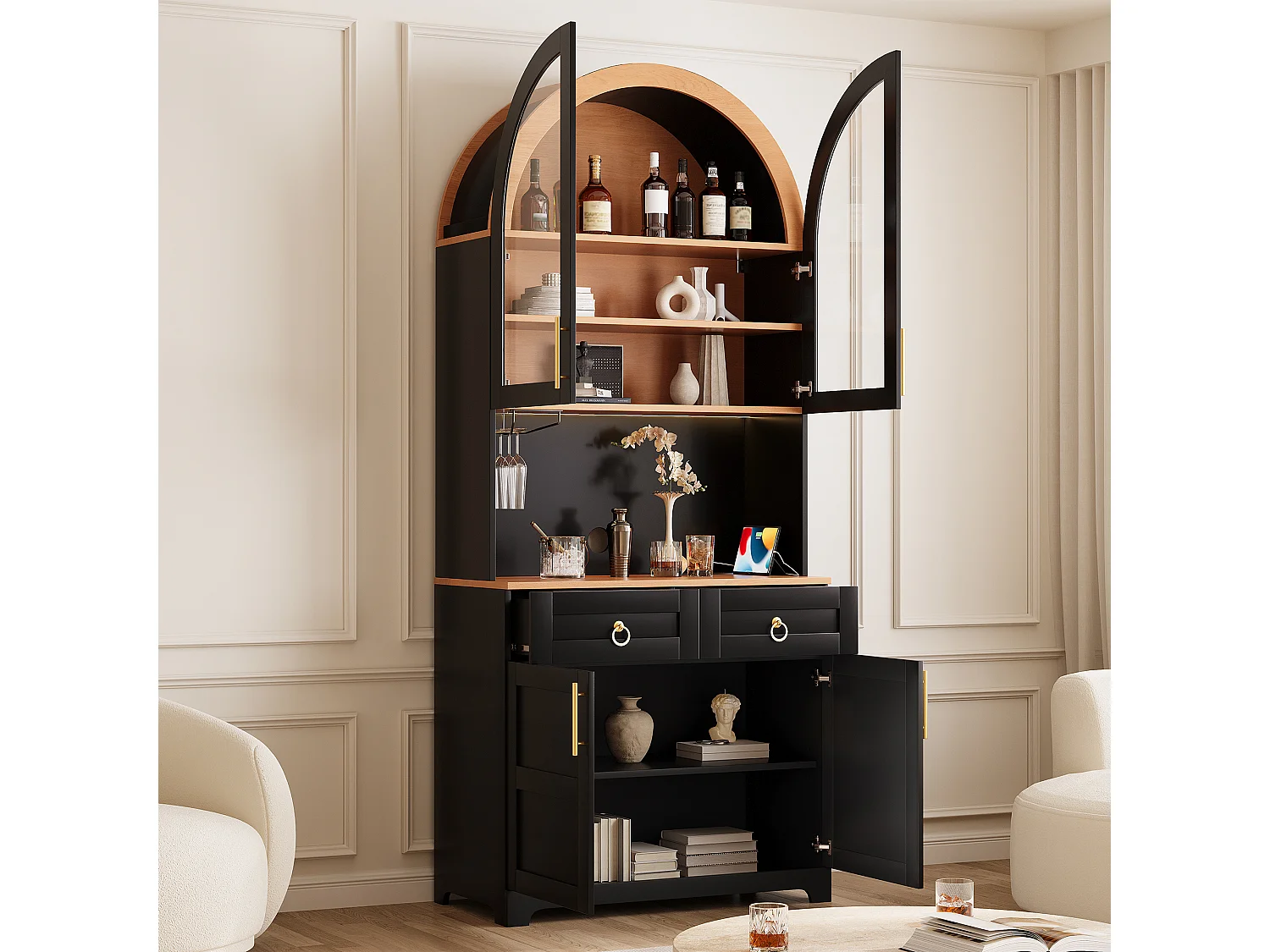 Sideboard mit 4 Türen, Arbeitsplatte, LED-Beleuchtung, Steckdosen und USB-Anschlüssen, 2 Schubladen – MDF und Spanplatte – 80 x 40 x 180 cm – Schwarz
