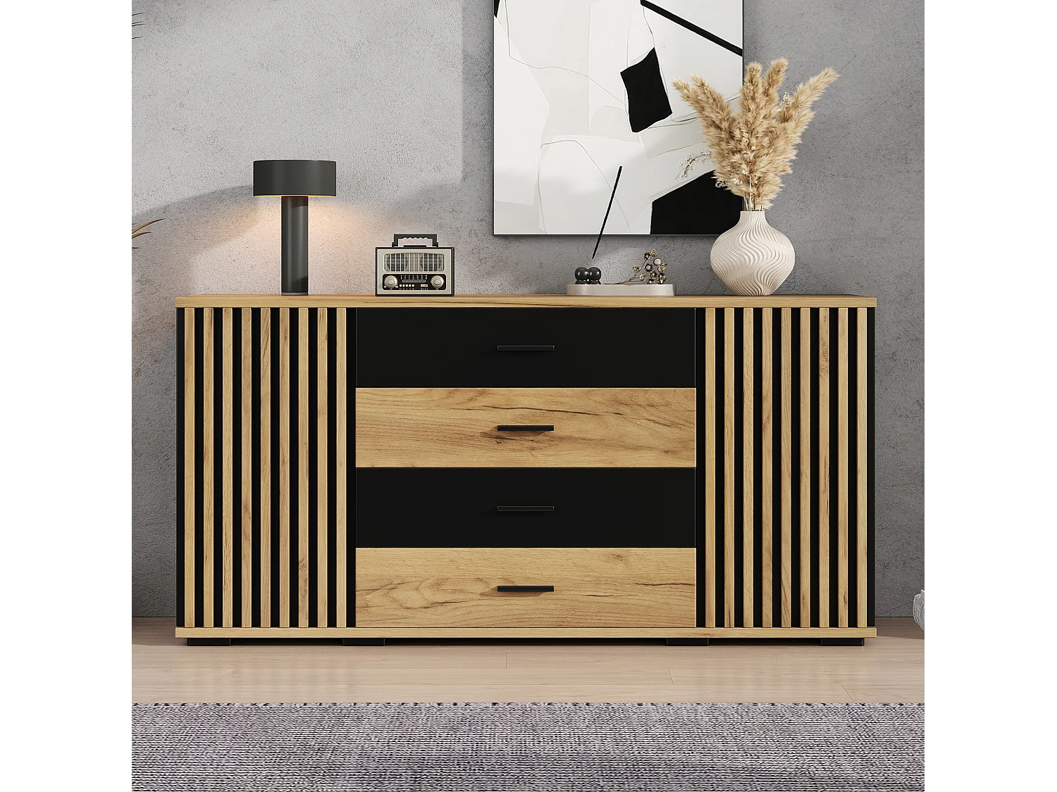 Sideboard with 2 grooved doors, 4 drawers and adjustable shelves - MDF - 140 x 35 x 70 cm - Black and natural wood