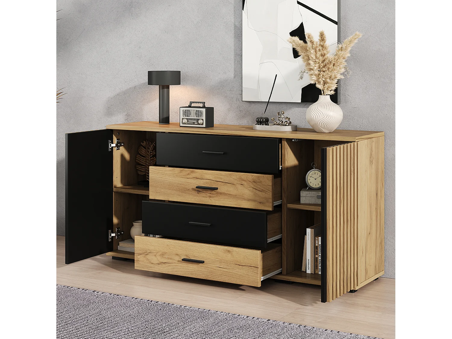 Sideboard with 2 grooved doors, 4 drawers and adjustable shelves - MDF - 140 x 35 x 70 cm - Black and natural wood