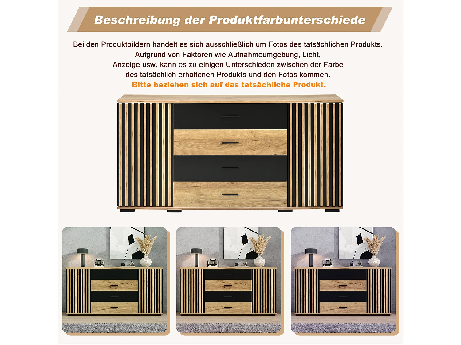 Sideboard with 2 grooved doors, 4 drawers and adjustable shelves - MDF - 140 x 35 x 70 cm - Black and natural wood