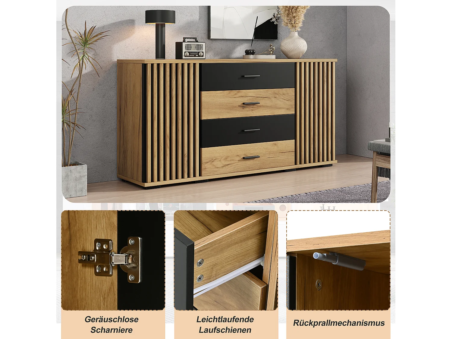 Sideboard with 2 grooved doors, 4 drawers and adjustable shelves - MDF - 140 x 35 x 70 cm - Black and natural wood