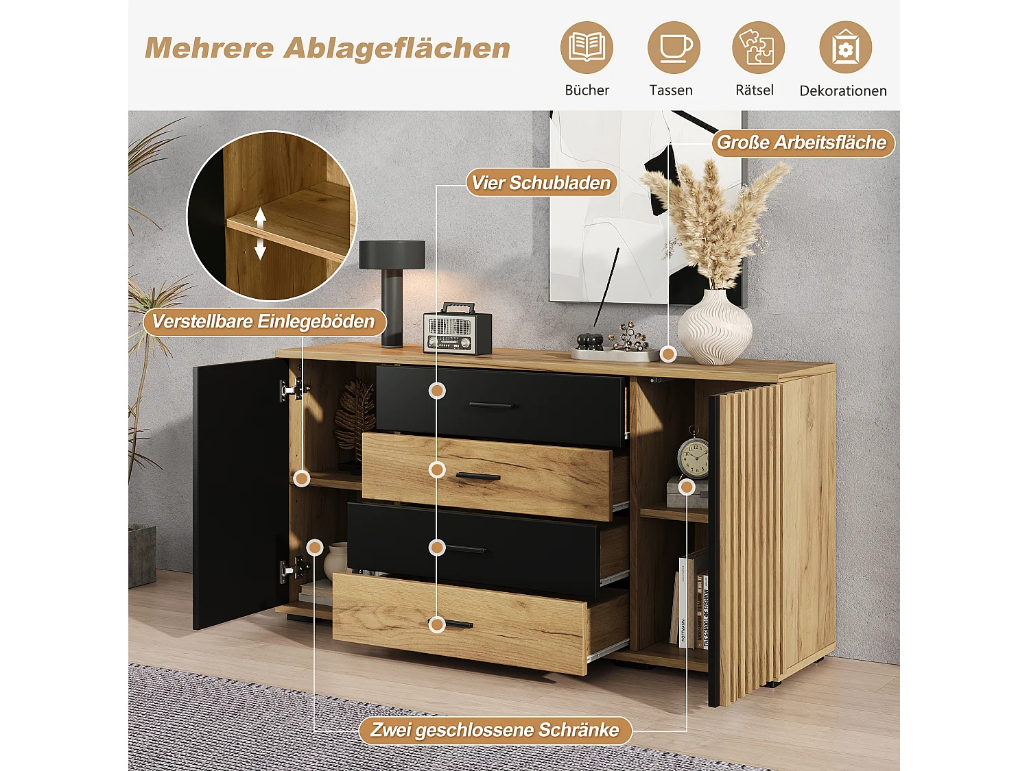 Sideboard with 2 grooved doors, 4 drawers and adjustable shelves - MDF - 140 x 35 x 70 cm - Black and natural wood