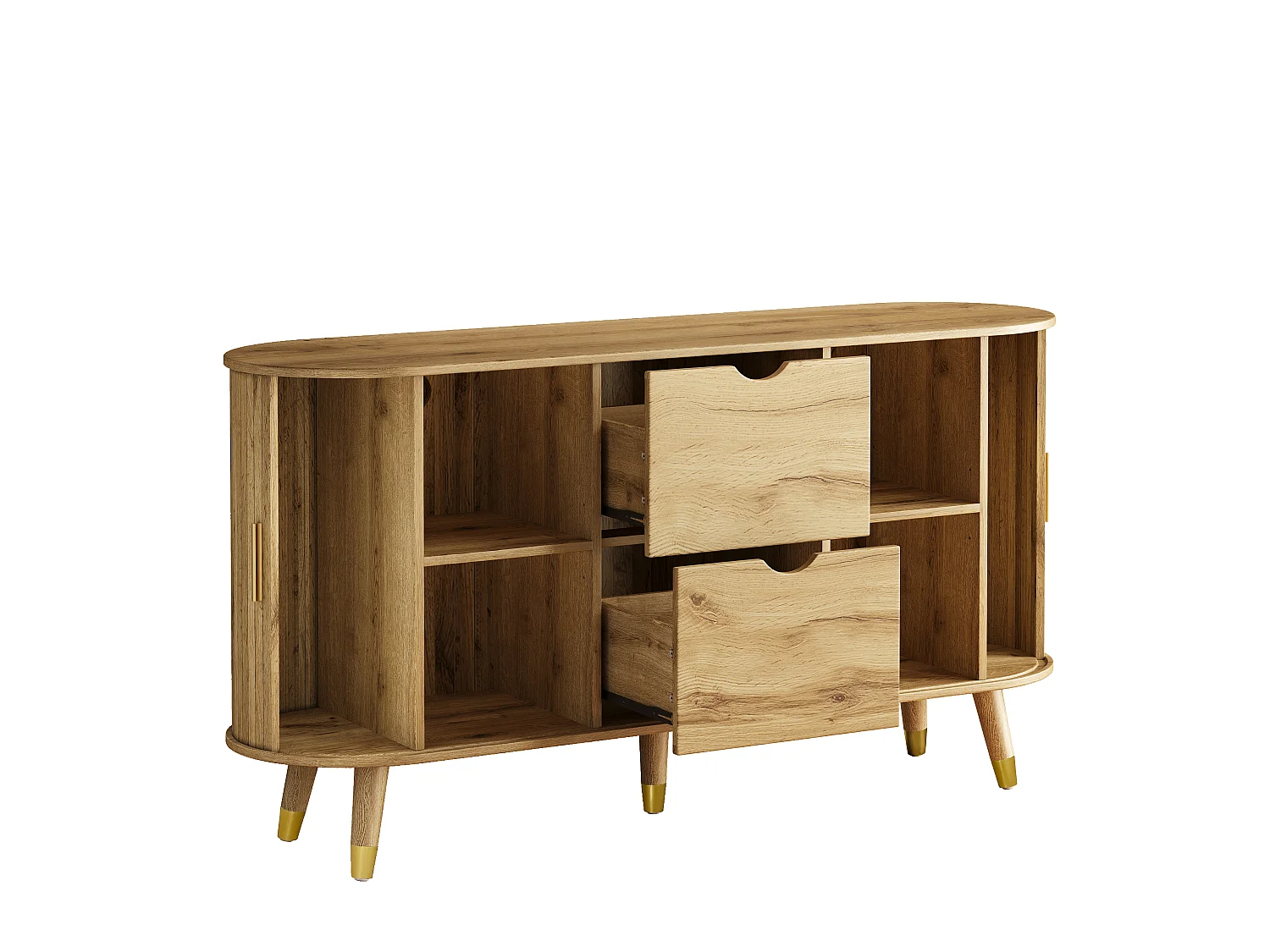 Sideboard with 2 sliding doors, 2 drawers, grooved fronts - MDF - 140 x 40 x 79.5 cm - Natural wood