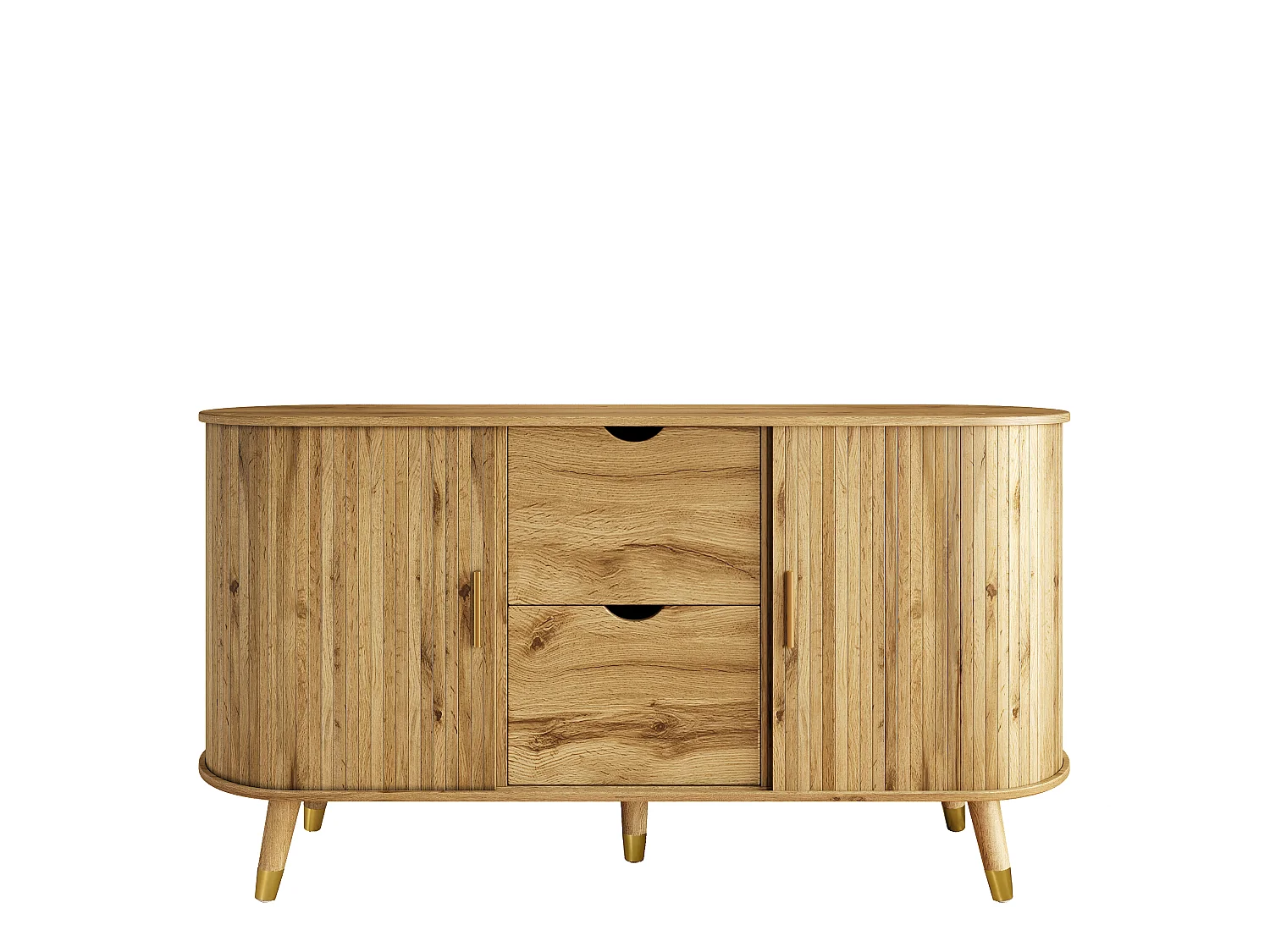 Sideboard with 2 sliding doors, 2 drawers, grooved fronts - MDF - 140 x 40 x 79.5 cm - Natural wood