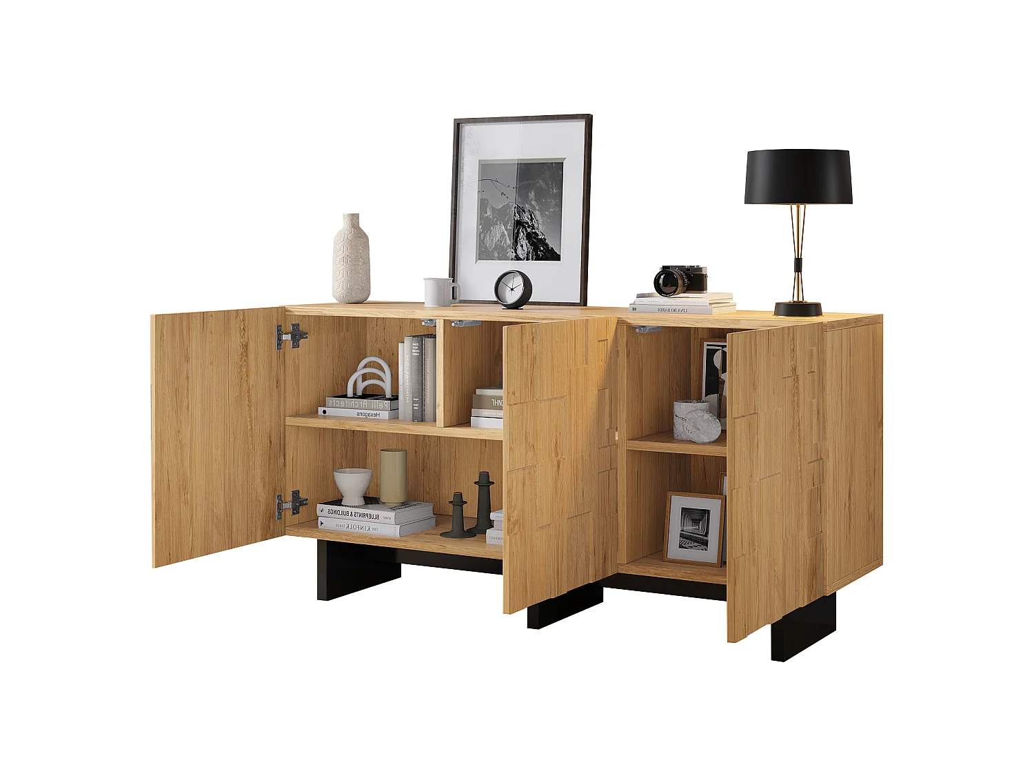 Low sideboard with 3 doors and 5 compartments - MDF and particleboard - 140 x 40 x 70 cm - Natural wood