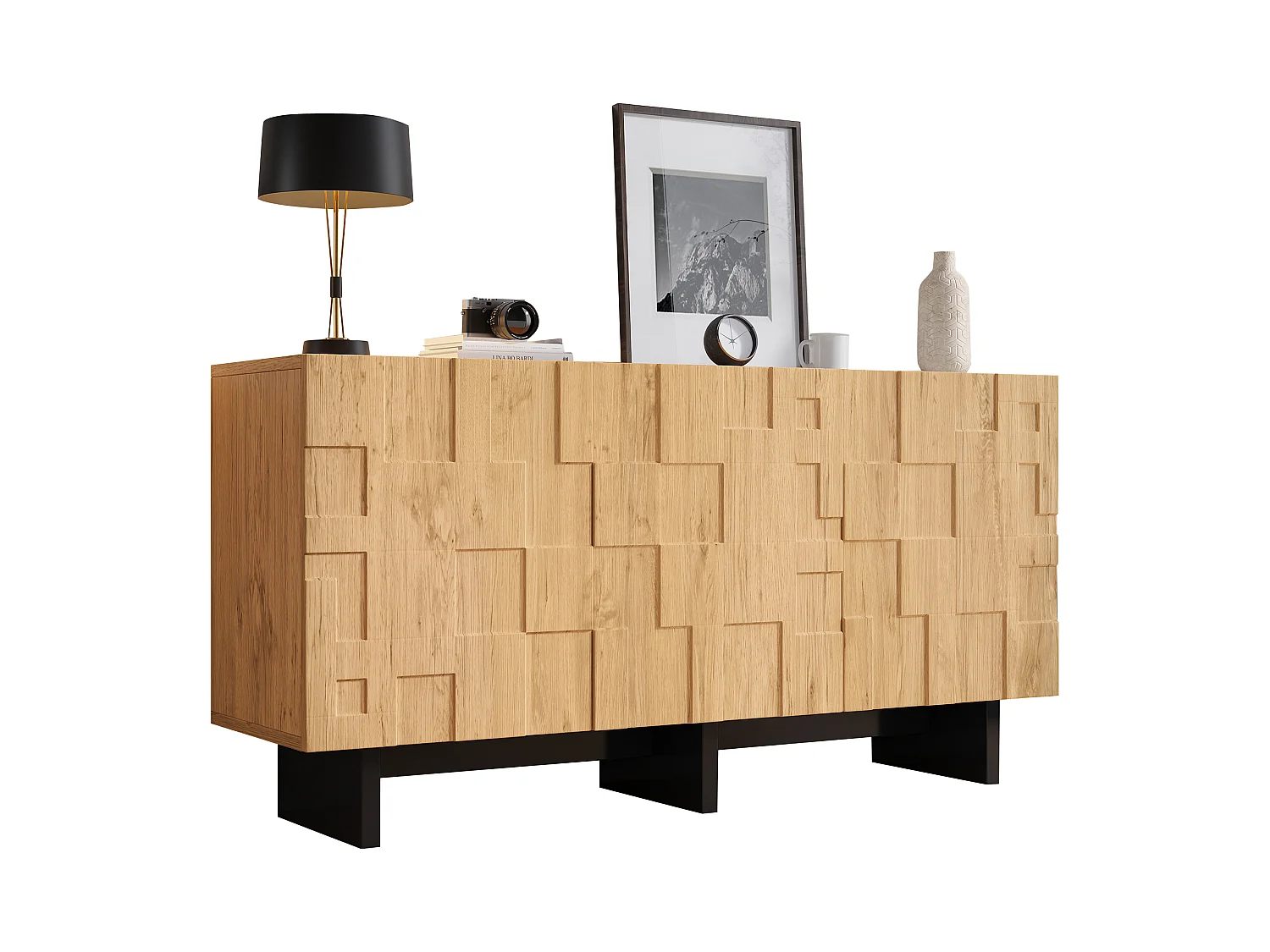 Low sideboard with 3 doors and 5 compartments - MDF and particleboard - 140 x 40 x 70 cm - Natural wood