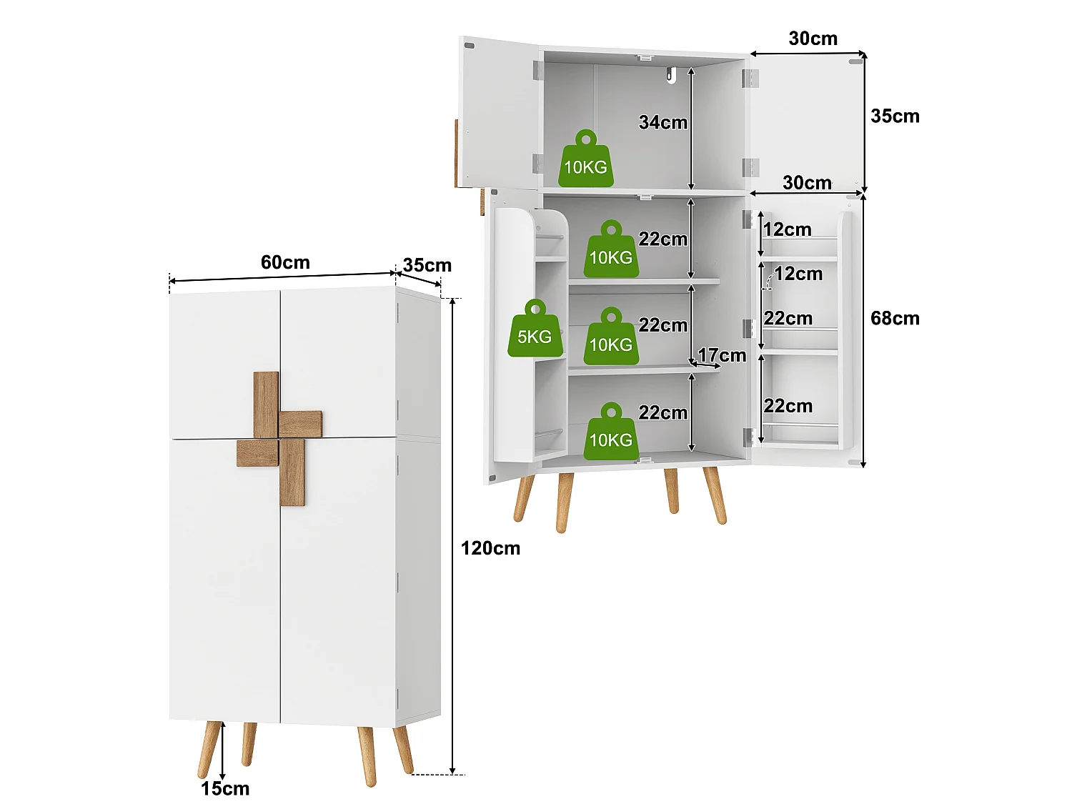 Küchenschrank mit verstellbaren Einlegeböden und 4 Türen – MDF – 60 x 35 x 120 cm – Weiß