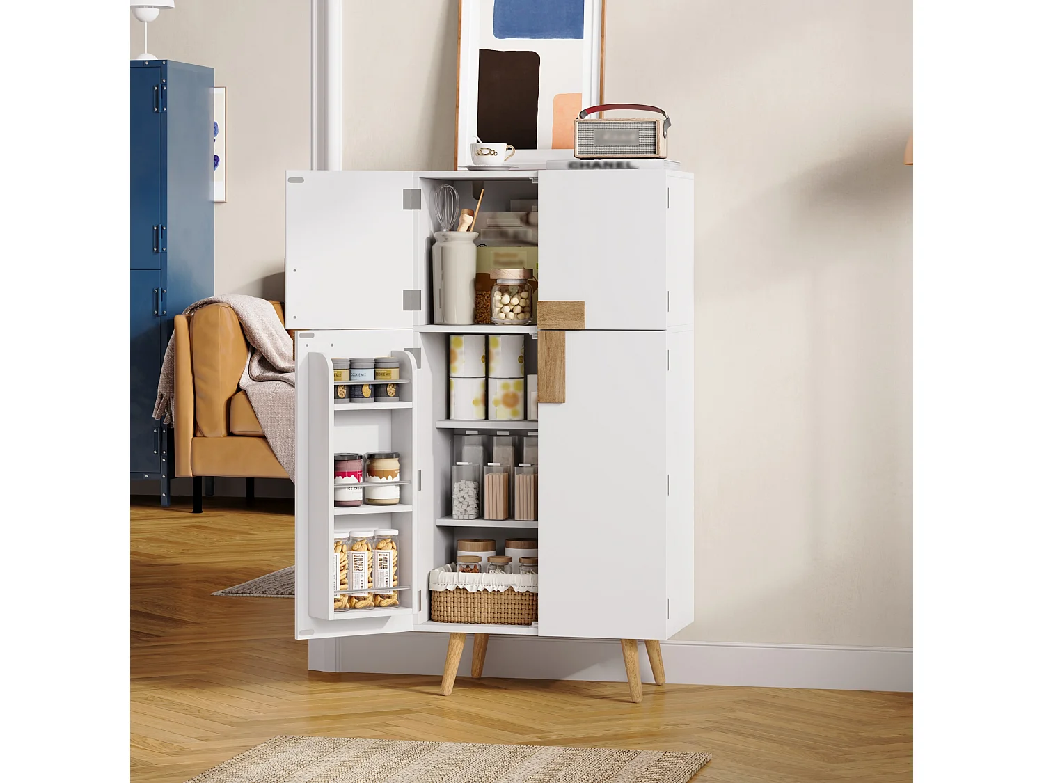 Küchenschrank mit verstellbaren Einlegeböden und 4 Türen – MDF – 60 x 35 x 120 cm – Weiß