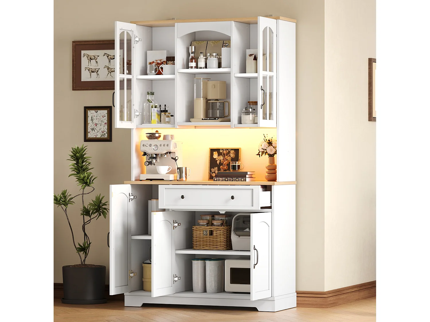Aparador de cozinha com 1 gaveta, 5 portas e iluminação LED - MDF e aglomerado - 100 x 38 x 178 cm - Branco