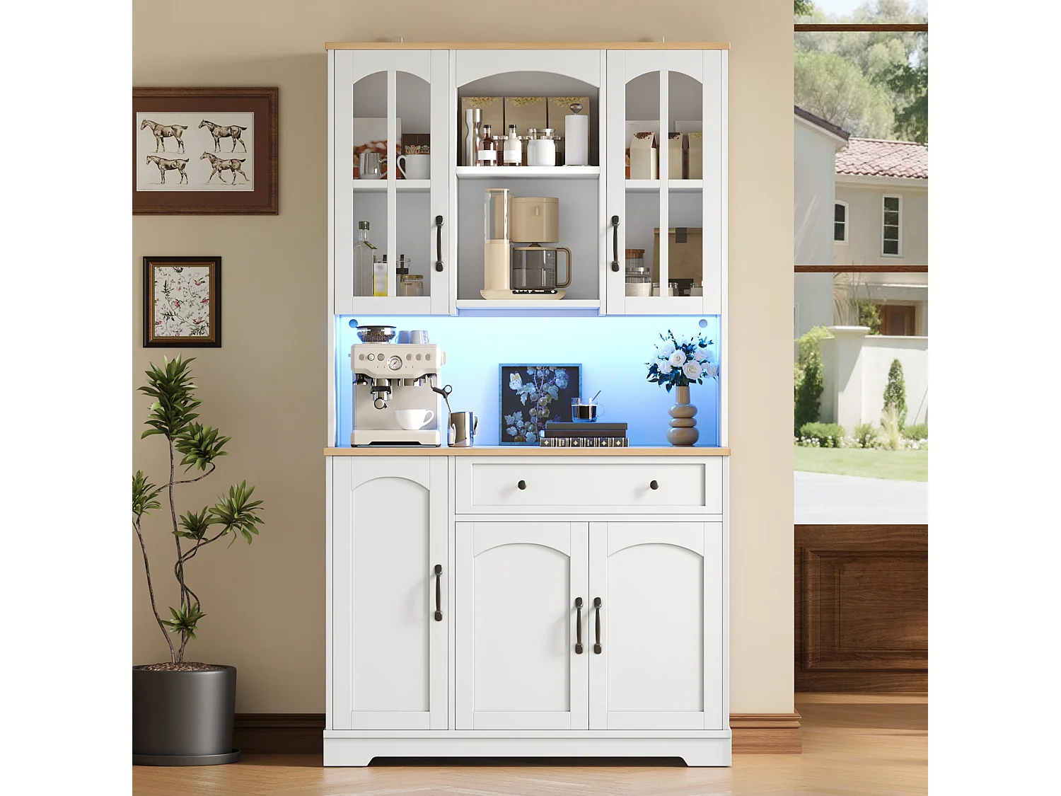 Aparador de cozinha com 1 gaveta, 5 portas e iluminação LED - MDF e aglomerado - 100 x 38 x 178 cm - Branco