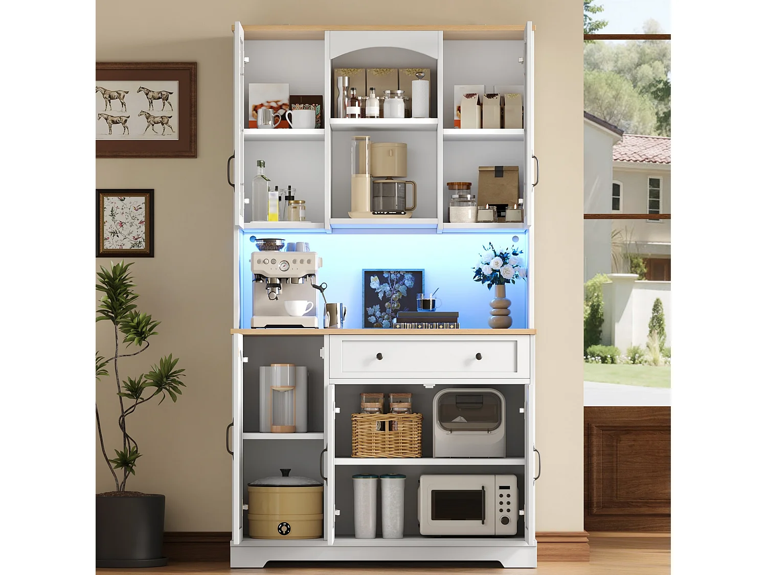 Aparador de cozinha com 1 gaveta, 5 portas e iluminação LED - MDF e aglomerado - 100 x 38 x 178 cm - Branco