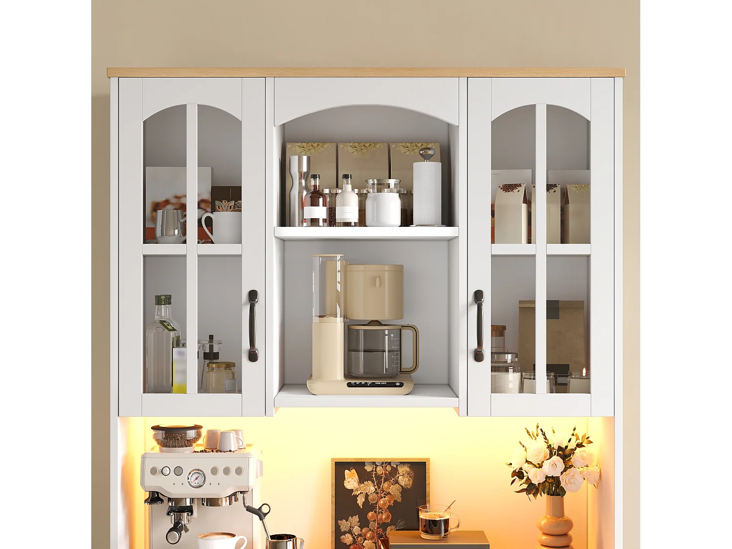 Aparador de cozinha com 1 gaveta, 5 portas e iluminação LED - MDF e aglomerado - 100 x 38 x 178 cm - Branco