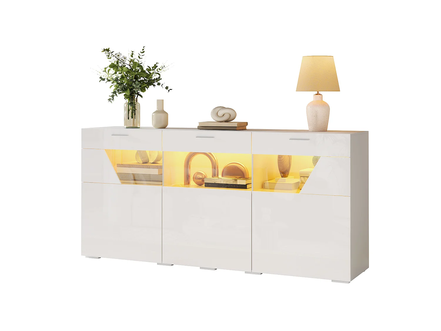 Aparador baixo com 3 portas, janela de vidro e iluminação LED, acabamento brilhante - Aglomerado - 160 x 38 x 78 cm - Branco