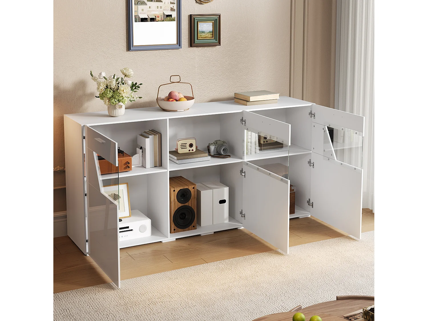 Aparador baixo com 3 portas, janela de vidro e iluminação LED, acabamento brilhante - Aglomerado - 160 x 38 x 78 cm - Branco