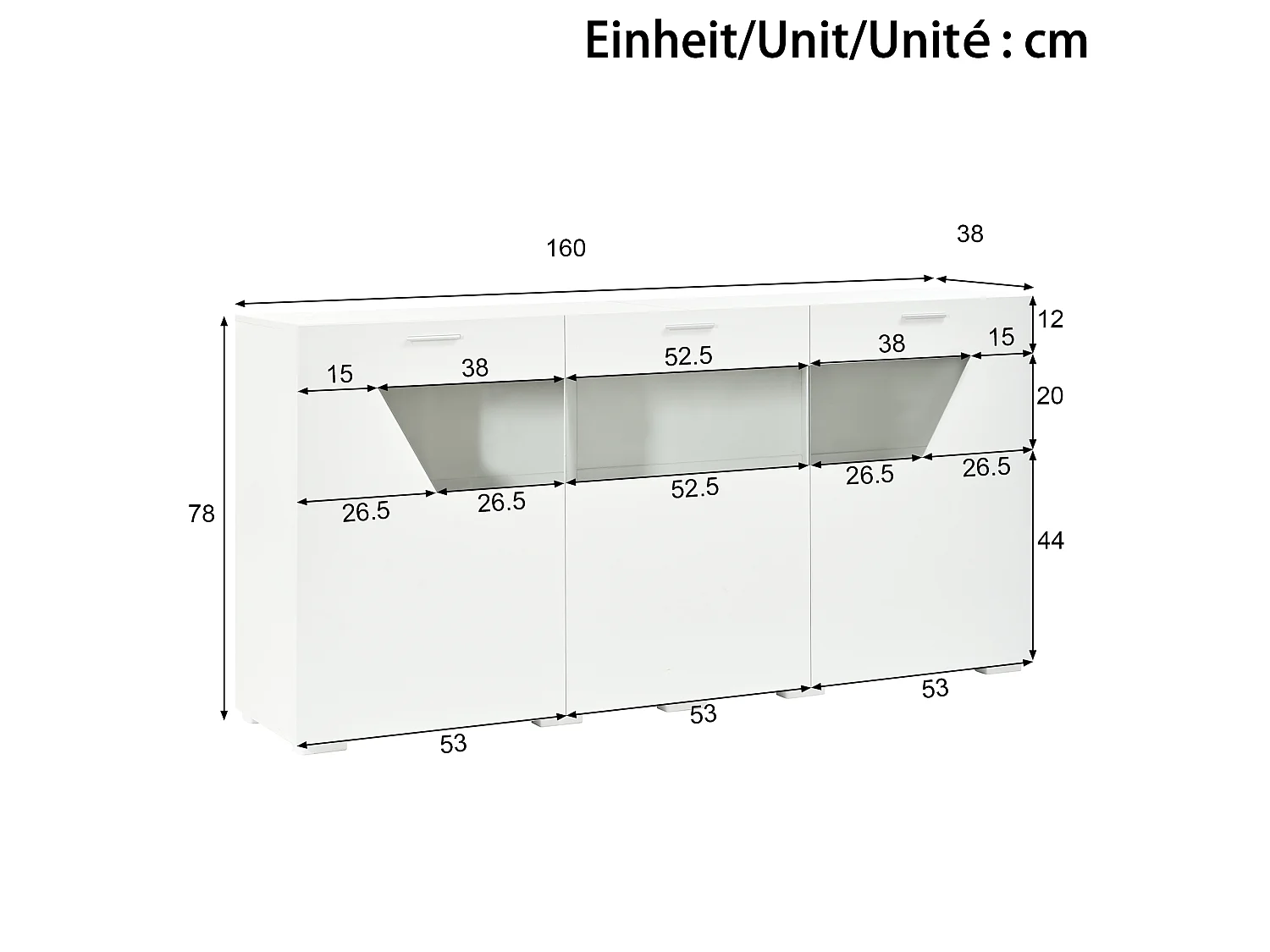 Aparador baixo com 3 portas, janela de vidro e iluminação LED, acabamento brilhante - Aglomerado - 160 x 38 x 78 cm - Branco