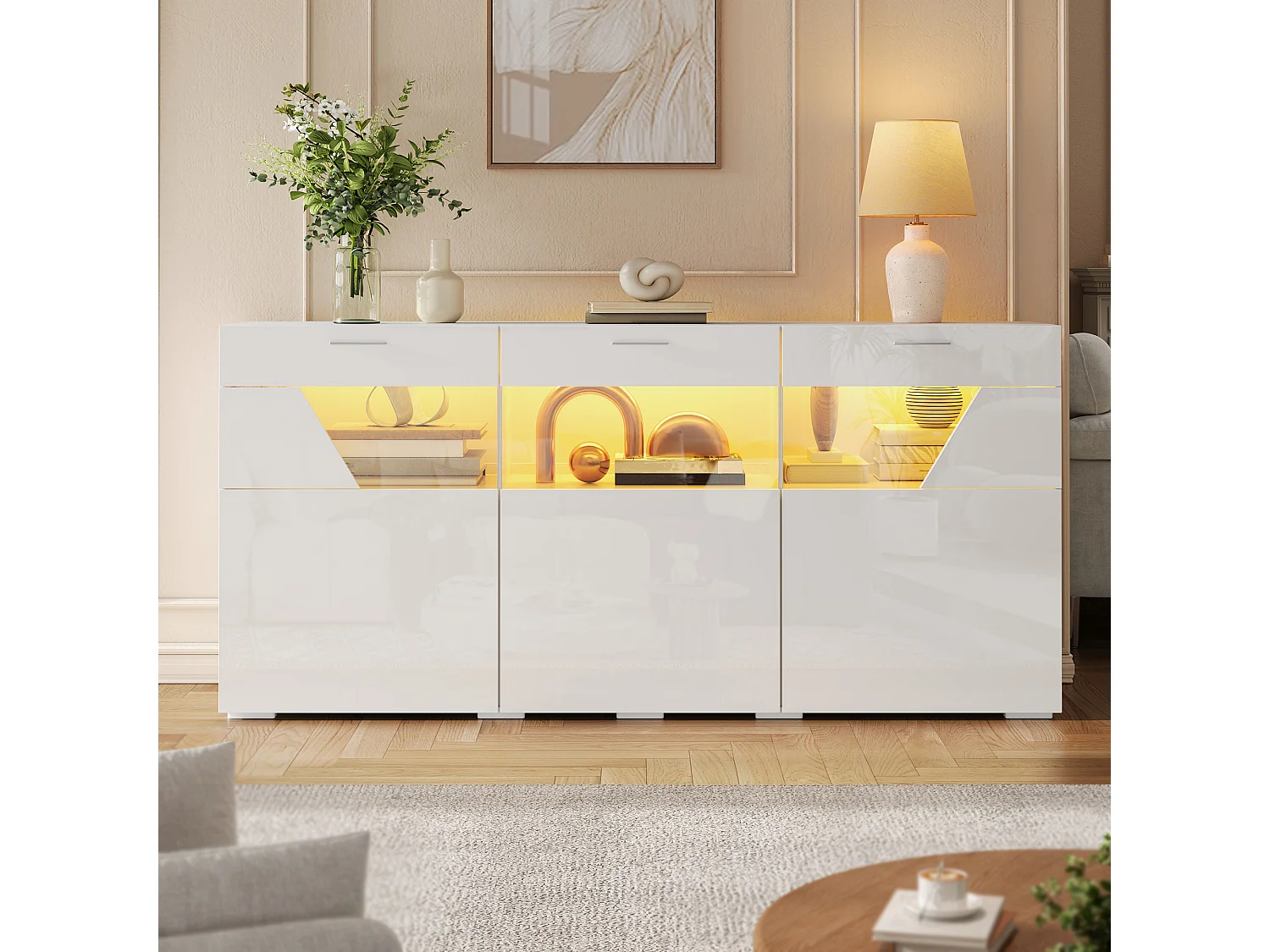 Aparador baixo com 3 portas, janela de vidro e iluminação LED, acabamento brilhante - Aglomerado - 160 x 38 x 78 cm - Branco