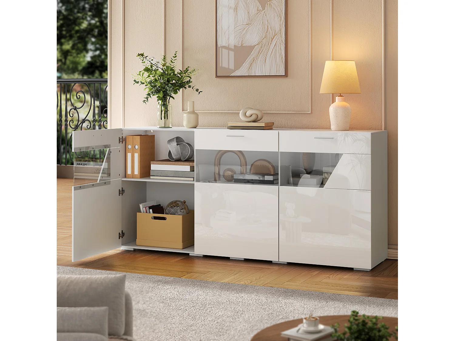 Aparador baixo com 3 portas, janela de vidro e iluminação LED, acabamento brilhante - Aglomerado - 160 x 38 x 78 cm - Branco