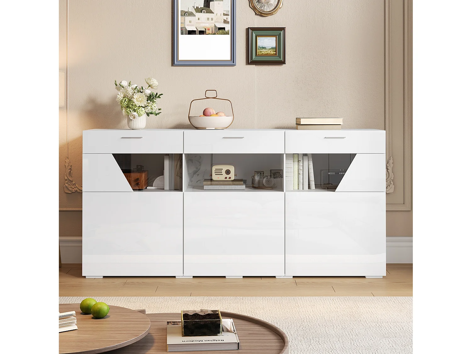 Aparador baixo com 3 portas, janela de vidro e iluminação LED, acabamento brilhante - Aglomerado - 160 x 38 x 78 cm - Branco