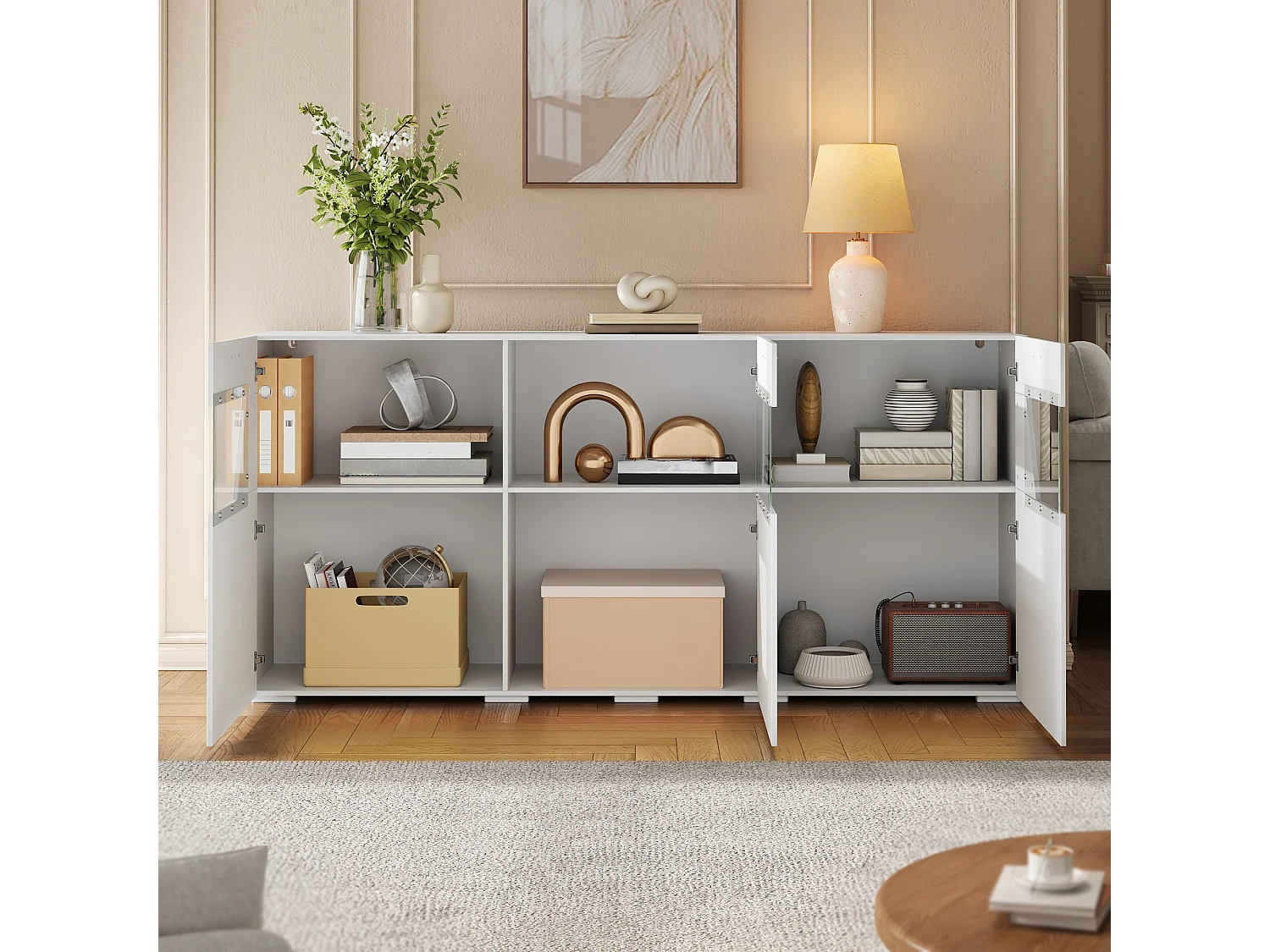 Aparador baixo com 3 portas, janela de vidro e iluminação LED, acabamento brilhante - Aglomerado - 160 x 38 x 78 cm - Branco