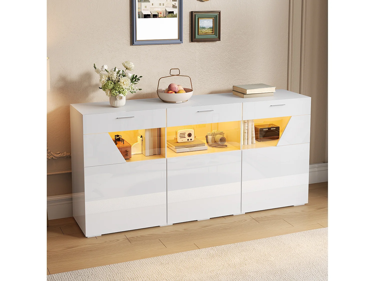 Aparador baixo com 3 portas, janela de vidro e iluminação LED, acabamento brilhante - Aglomerado - 160 x 38 x 78 cm - Branco