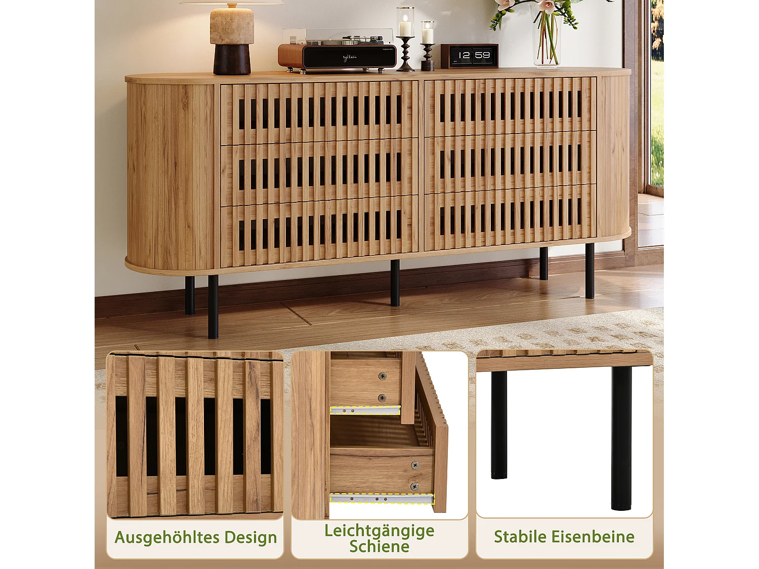 Sideboard with 6 drawers, slatted openwork fronts and metal legs - MDF and metal - 160 x 40 x 70 cm - Natural wood