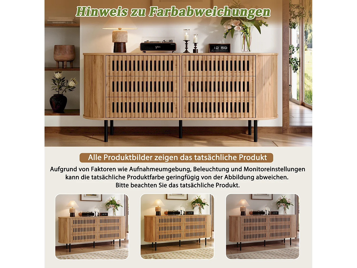 Sideboard with 6 drawers, slatted openwork fronts and metal legs - MDF and metal - 160 x 40 x 70 cm - Natural wood