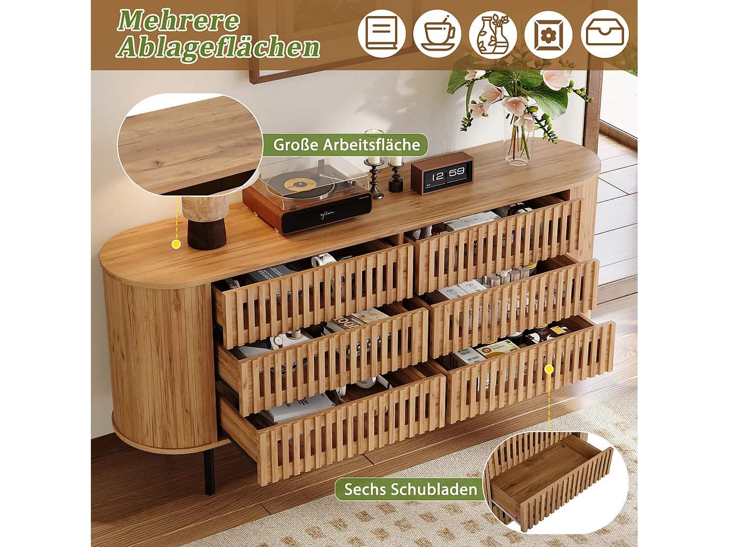 Sideboard with 6 drawers, slatted openwork fronts and metal legs - MDF and metal - 160 x 40 x 70 cm - Natural wood