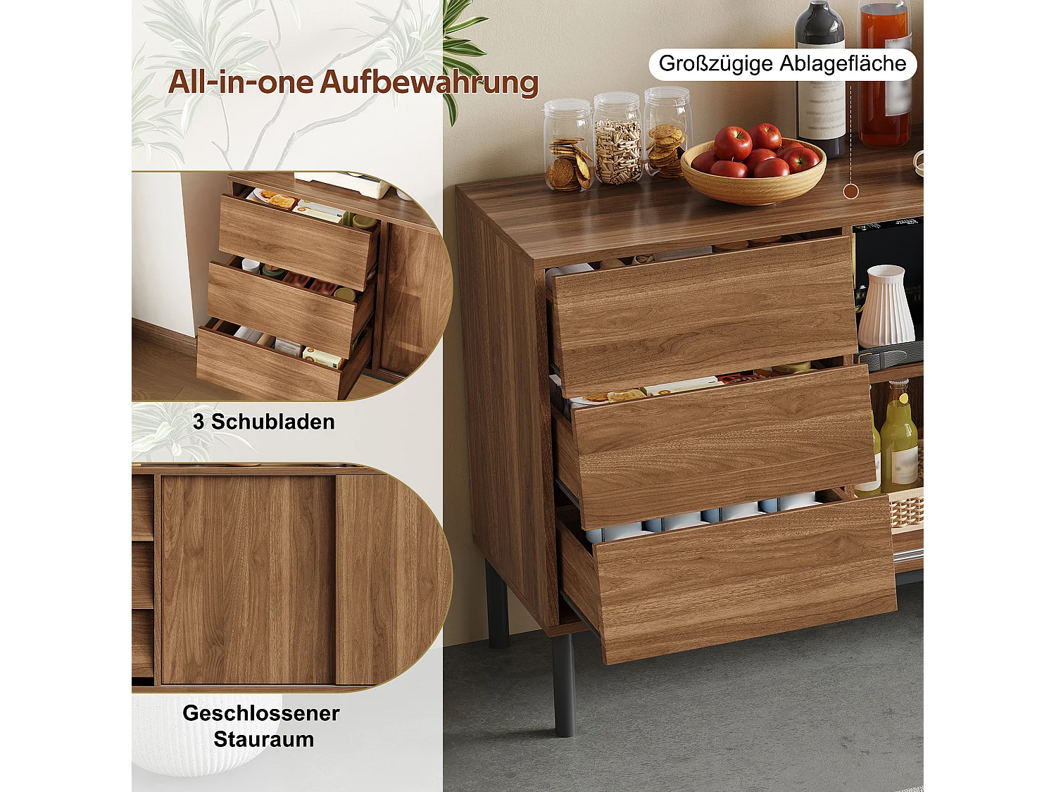 Sideboard with 3 drawers and 2 sliding doors - MDF - 150 x 40 x 80 cm - Walnut effect