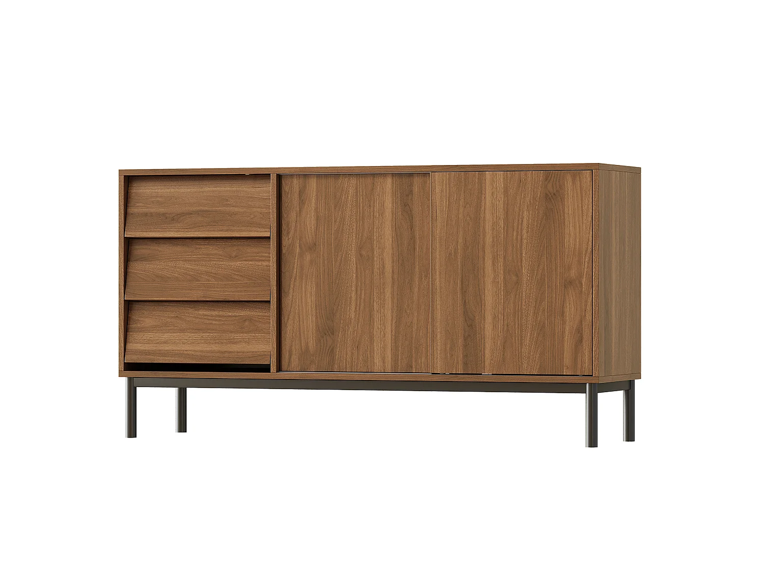 Sideboard with 3 drawers and 2 sliding doors - MDF - 150 x 40 x 80 cm - Walnut effect