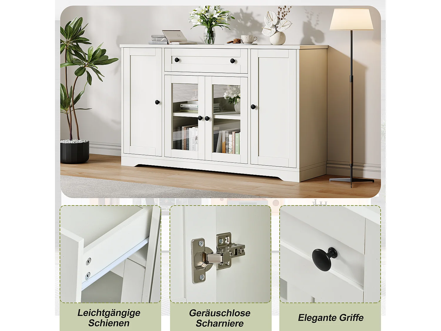 Sideboard with 4 doors (2 glass), 1 drawer and 6 compartments - MDF and particleboard - 138 x 40 x 83 cm - White
