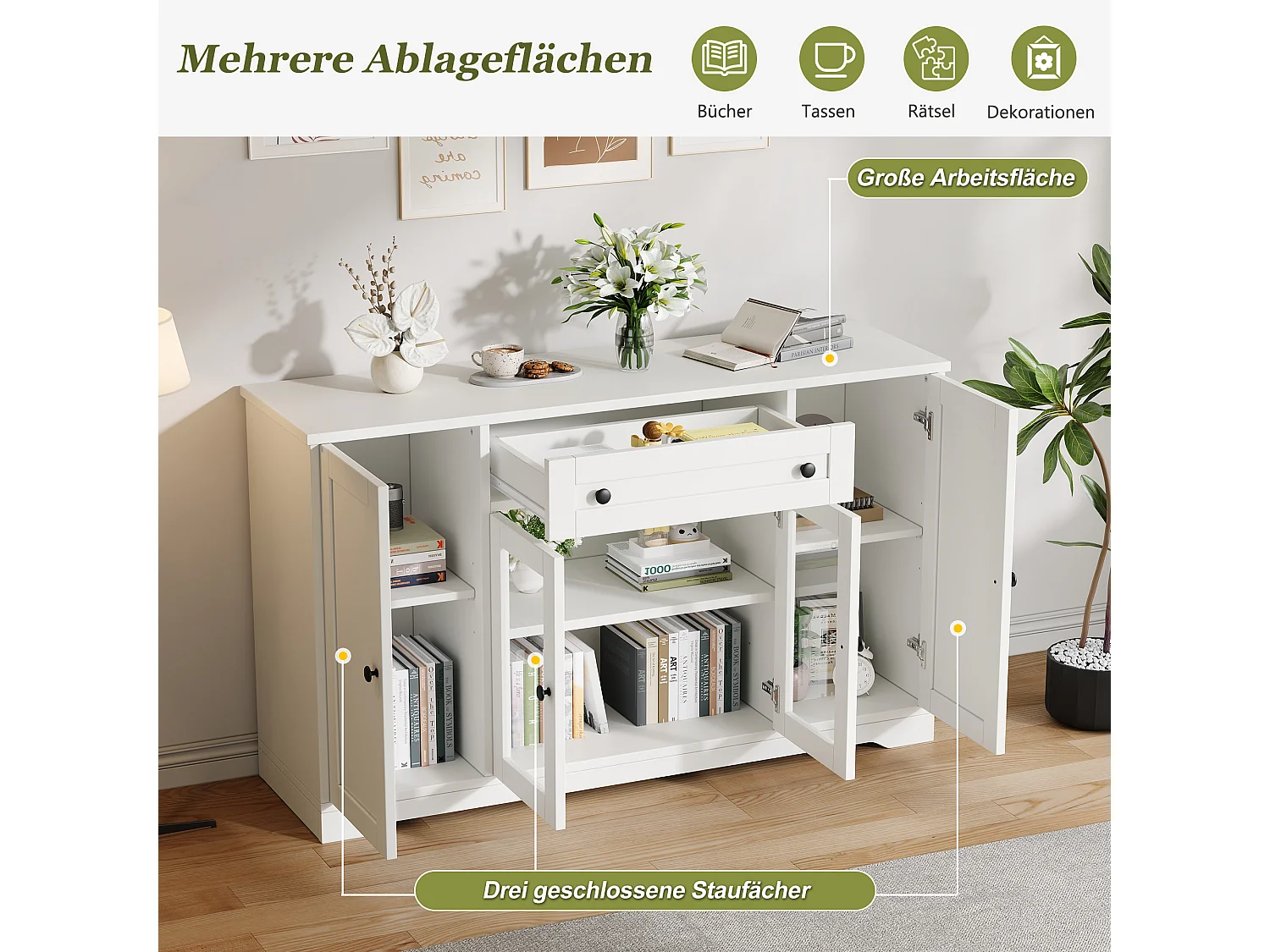 Sideboard with 4 doors (2 glass), 1 drawer and 6 compartments - MDF and particleboard - 138 x 40 x 83 cm - White