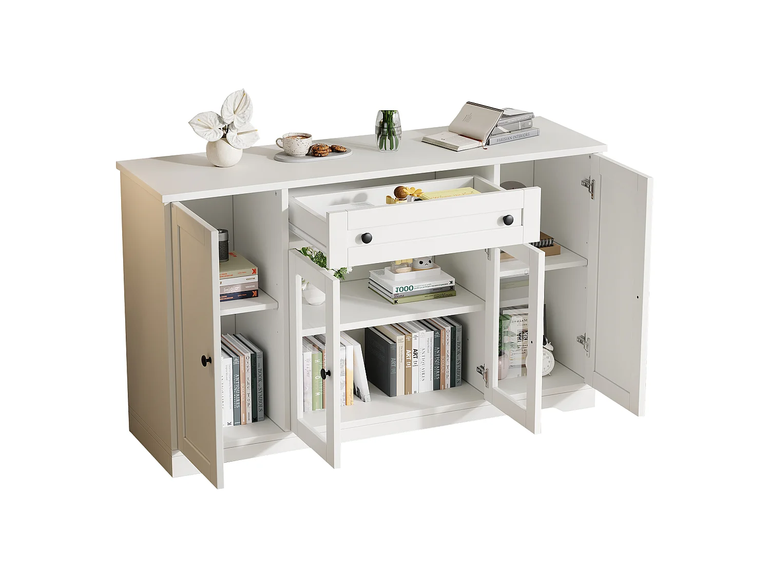 Sideboard with 4 doors (2 glass), 1 drawer and 6 compartments - MDF and particleboard - 138 x 40 x 83 cm - White