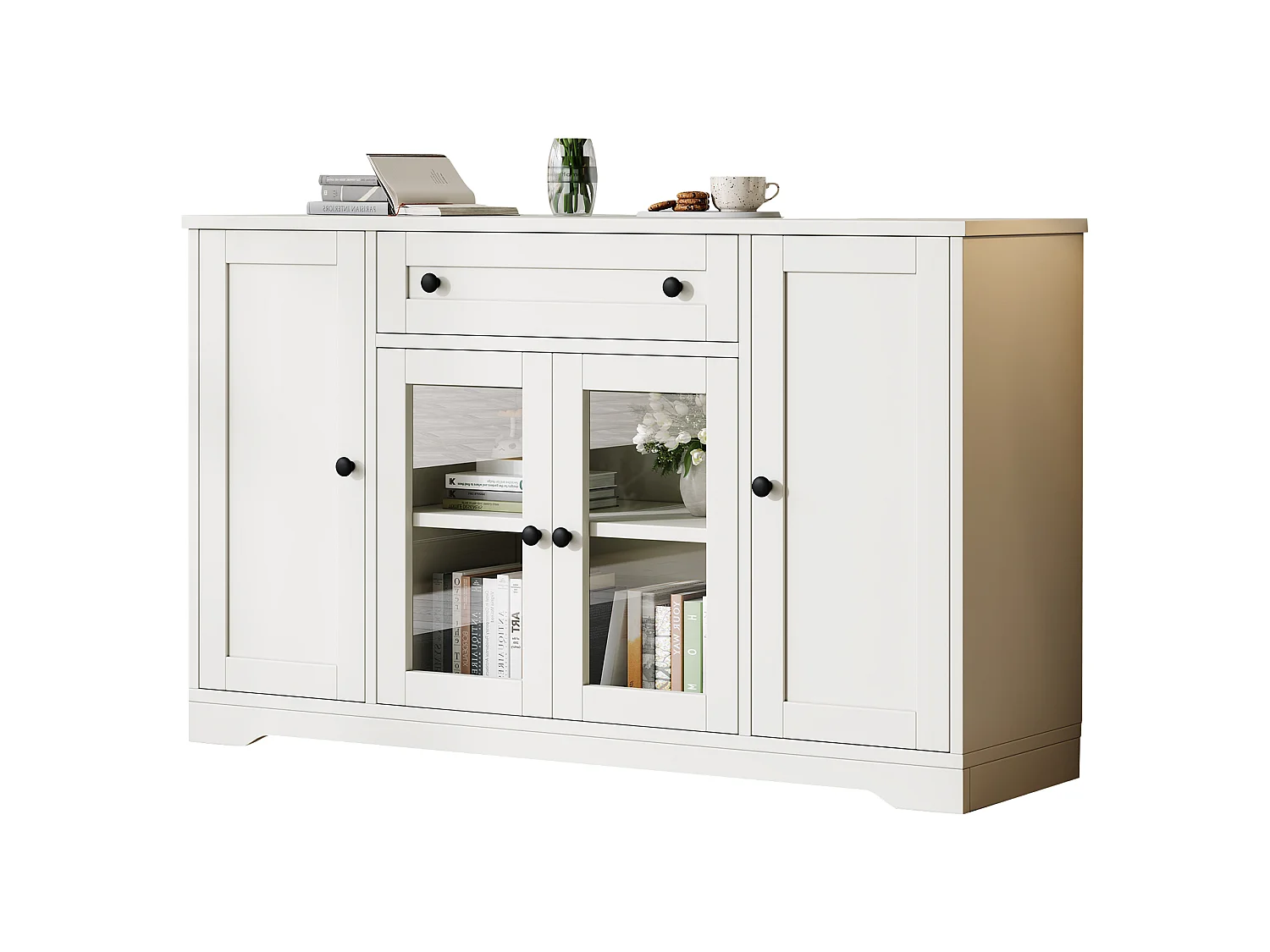 Sideboard with 4 doors (2 glass), 1 drawer and 6 compartments - MDF and particleboard - 138 x 40 x 83 cm - White