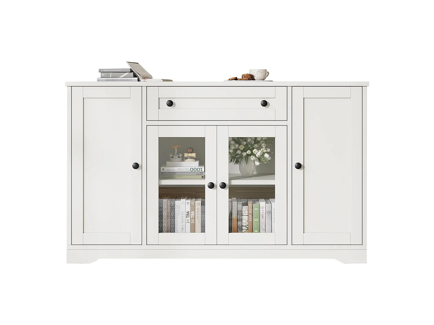 Sideboard with 4 doors (2 glass), 1 drawer and 6 compartments - MDF and particleboard - 138 x 40 x 83 cm - White