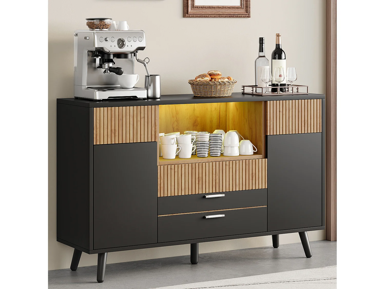 Sideboard with 4 drawers, 2 doors, adjustable shelves and RGB LED lighting - MDF - 130 x 38 x 85 cm - Black and wood effect