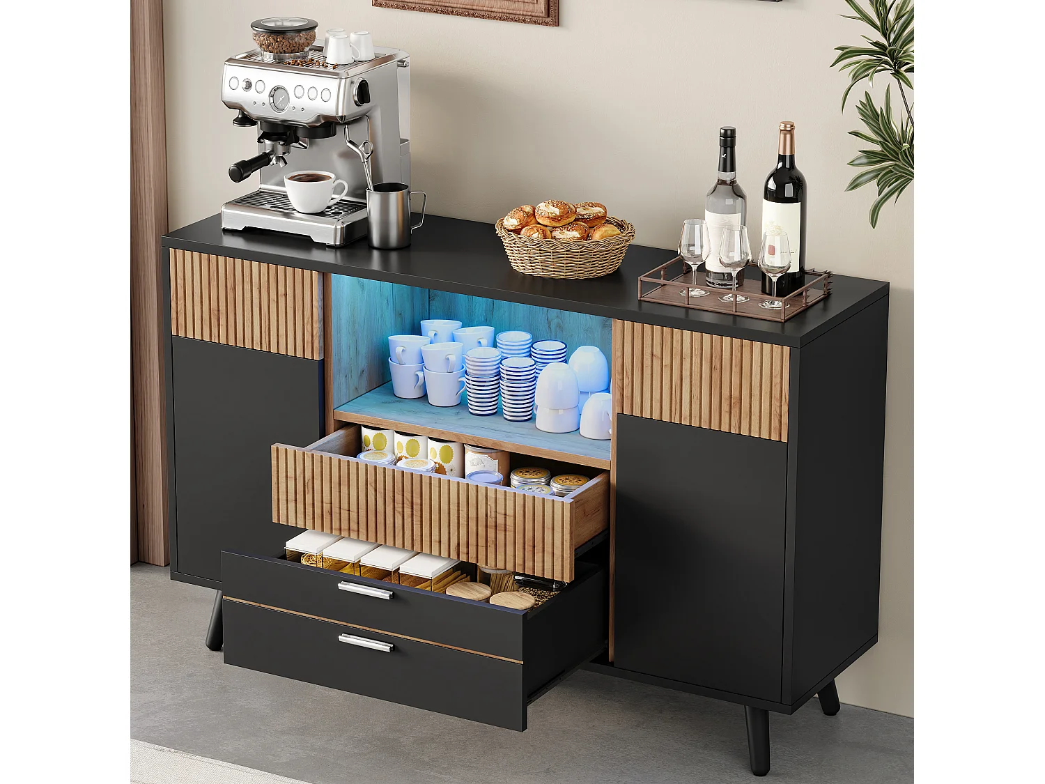 Sideboard with 4 drawers, 2 doors, adjustable shelves and RGB LED lighting - MDF - 130 x 38 x 85 cm - Black and wood effect