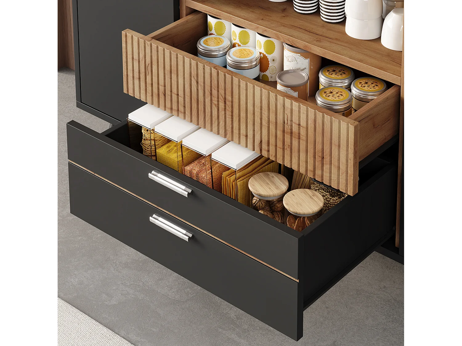 Sideboard with 4 drawers, 2 doors, adjustable shelves and RGB LED lighting - MDF - 130 x 38 x 85 cm - Black and wood effect