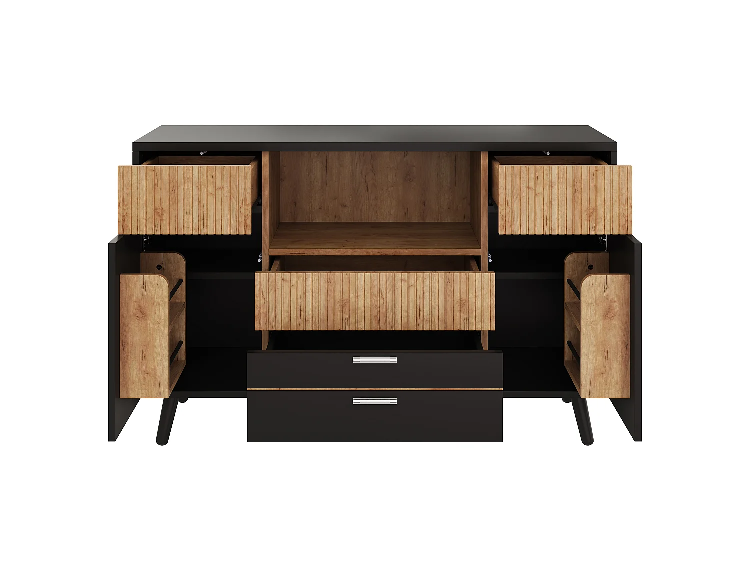 Sideboard with 4 drawers, 2 doors, adjustable shelves and RGB LED lighting - MDF - 130 x 38 x 85 cm - Black and wood effect
