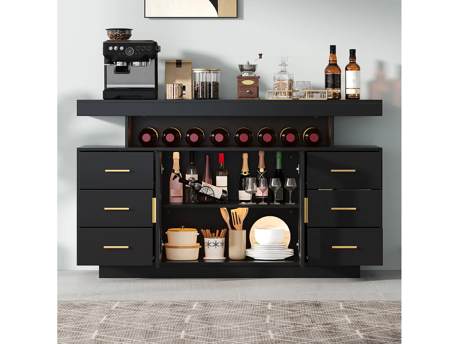 Buffet avec 6 tiroirs, 2 portes vitrées cintrées et LED - MDF - 140 x 40 x 82 cm - Noir avec poignées dorées